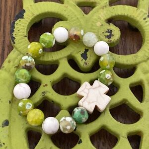 Stone Cross and Beaded Stretch Bracelet